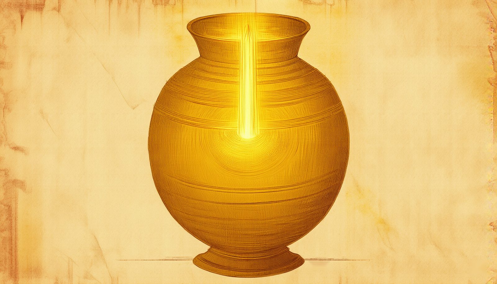 A golden urn with a vertical shaft of light descending into it