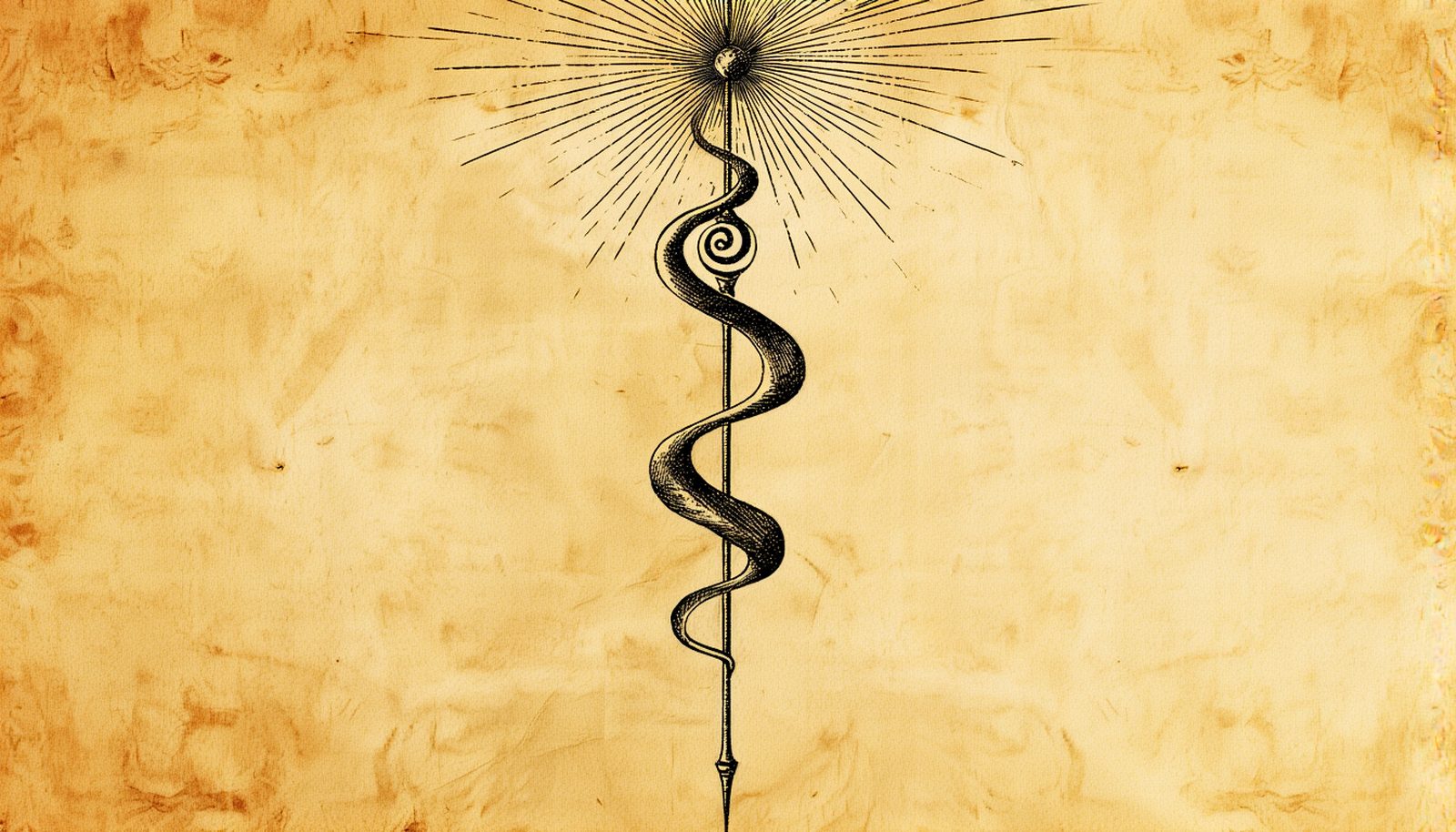 A staff wound with spiraling lines, rising to a radiant burst of light