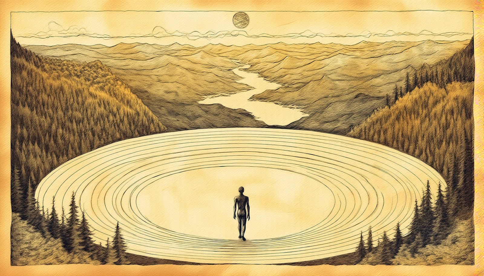 A lone figure standing in wide concentric rings on a valley floor, hills and a river beyond
