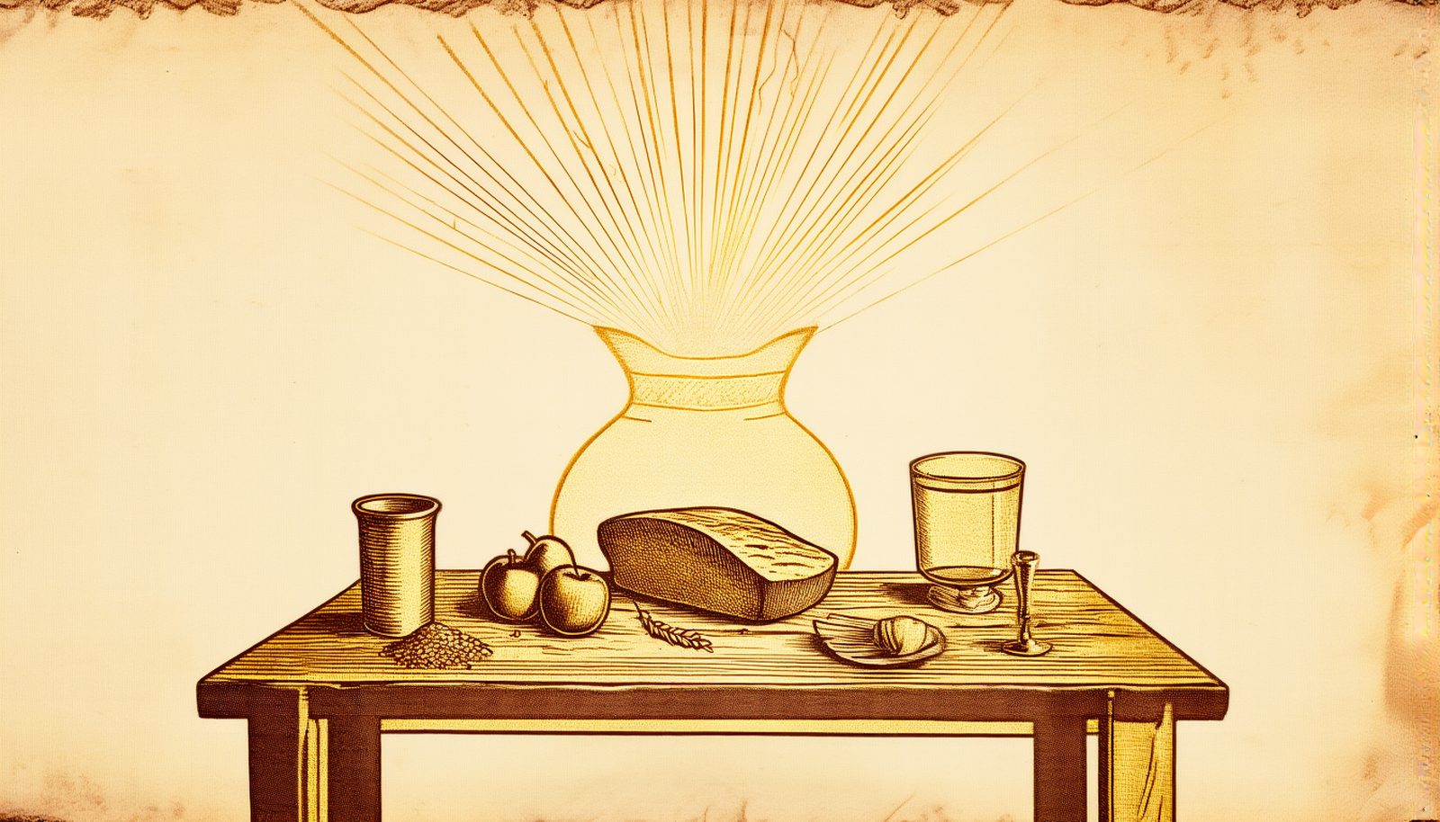 Bread, apples, grain and cups on a wooden table before a golden vessel with rays of light rising